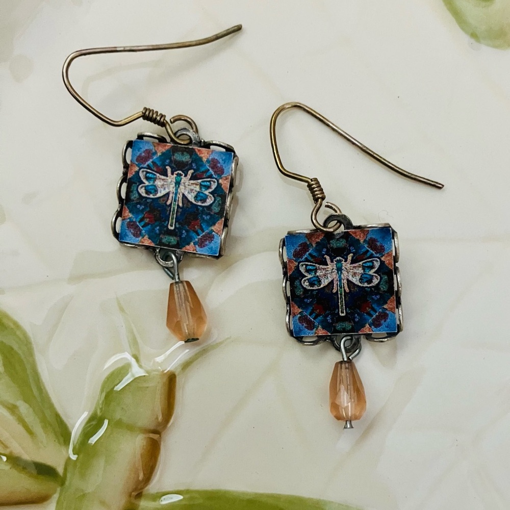 Lemon Tree Dragonfly Print Square Lace Brass Earrings With Dangles